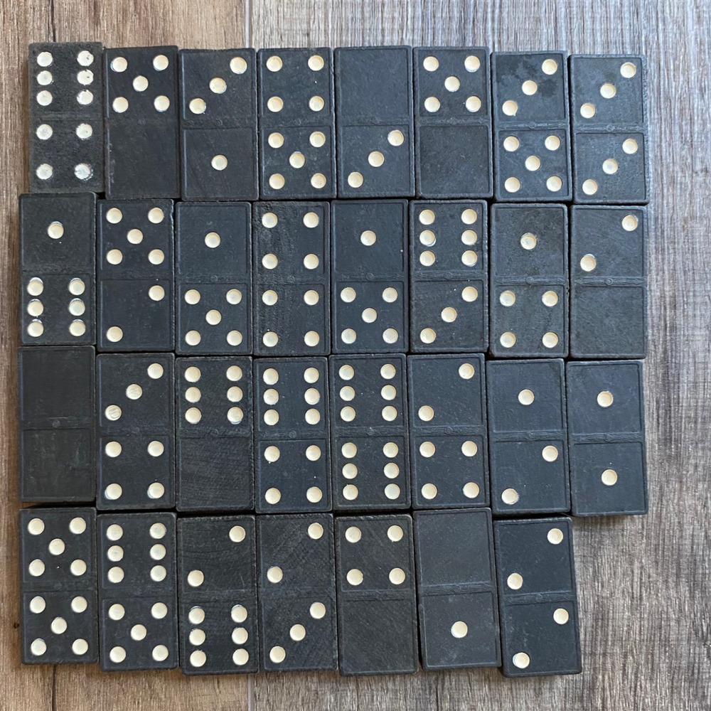 Vintage Black Dominoes Set 31 Tiles Ornate Floral Scroll Back Double Six Game